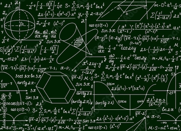 Fototapeta Mathematical vector seamless pattern with plots, formulas and calculations on a green background. Endless math texture