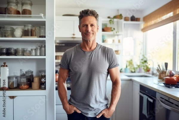 Obraz Portrait of a middle aged fit man standing in kitchen with vegetables