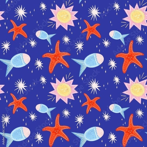 Fototapeta A playful and colorful pattern featuring cartoon-style starfish, fish and sunshine. The starfish are bright red with smiling faces, while the fish are blue with pink accents.