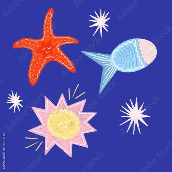 Fototapeta A playful and colorful pattern featuring cartoon-style starfish, fish and sunshine. The starfish are bright red with smiling faces, while the fish are blue with pink accents.