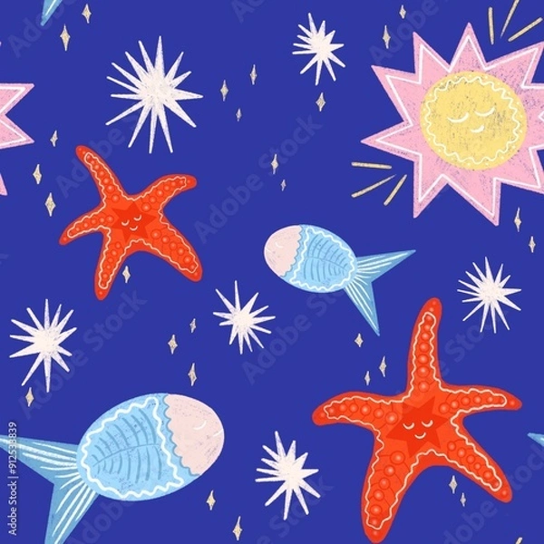 Fototapeta A playful and colorful pattern featuring cartoon-style starfish, fish and sunshine. The starfish are bright red with smiling faces, while the fish are blue with pink accents.