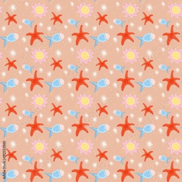 Fototapeta A playful and colorful pattern featuring cartoon-style starfish, fish and sunshine. The starfish are bright red with smiling faces, while the fish are blue with pink accents.