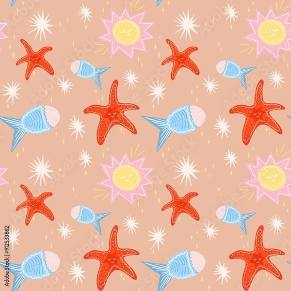 Fototapeta A playful and colorful pattern featuring cartoon-style starfish, fish and sunshine. The starfish are bright red with smiling faces, while the fish are blue with pink accents.