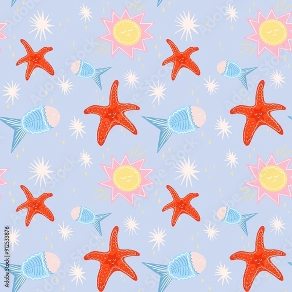 Fototapeta A playful and colorful pattern featuring cartoon-style starfish, fish and sunshine. The starfish are bright red with smiling faces, while the fish are blue with pink accents.