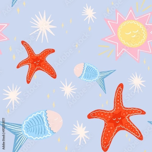 Fototapeta A playful and colorful pattern featuring cartoon-style starfish, fish and sunshine. The starfish are bright red with smiling faces, while the fish are blue with pink accents.