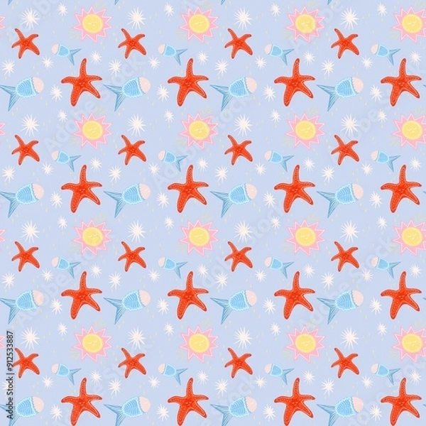 Fototapeta A playful and colorful pattern featuring cartoon-style starfish, fish and sunshine. The starfish are bright red with smiling faces, while the fish are blue with pink accents.