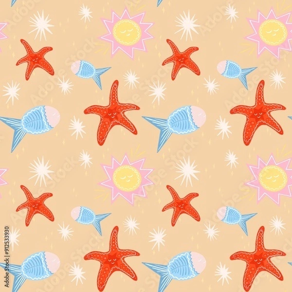 Fototapeta A playful and colorful pattern featuring cartoon-style starfish, fish and sunshine. The starfish are bright red with smiling faces, while the fish are blue with pink accents.