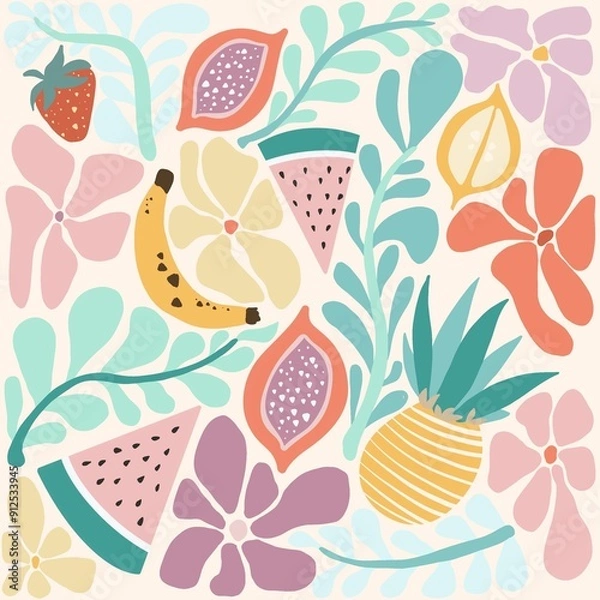 Fototapeta A vibrant and colorful pattern featuring various fruits and flowers, including strawberries, bananas, and pineapples, surrounded by leafy designs