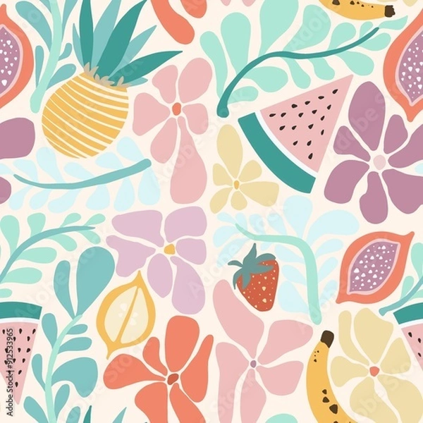 Fototapeta A vibrant and colorful pattern featuring tropical fruits like pineapple, watermelon, and banana, along with various flowers and leaves in pastel shades.
