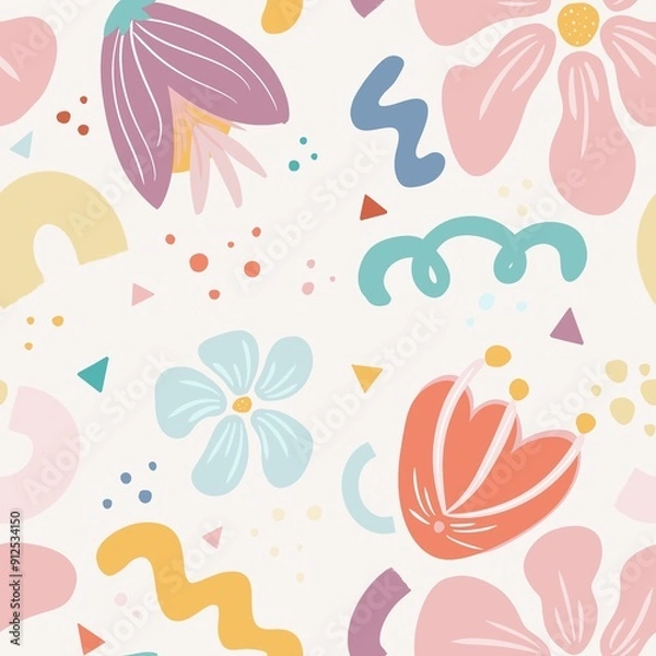 Fototapeta A vibrant and colorful floral pattern featuring various stylized flowers, leaves, and abstract shapes in pastel colors. The design includes colorful elements creating a cheerful and playful aesthetic
