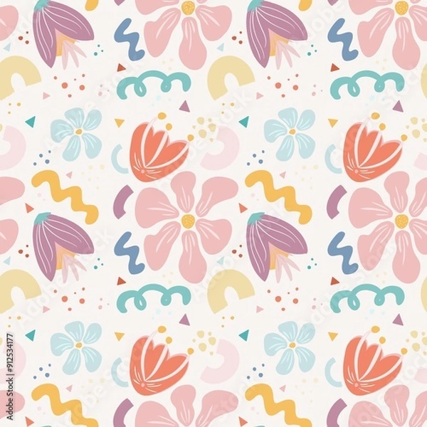 Fototapeta A vibrant and colorful floral pattern featuring various stylized flowers, leaves, and abstract shapes in pastel colors. The design includes colorful elements creating a cheerful and playful aesthetic