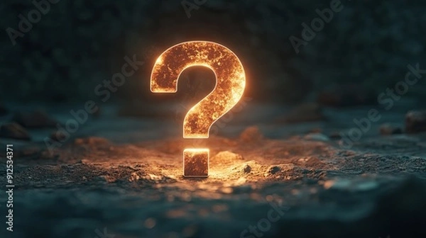 Fototapeta Illuminated question mark in the dark, symbolizing curiosity and the unknown. Perfect for thought-provoking and mysterious designs.