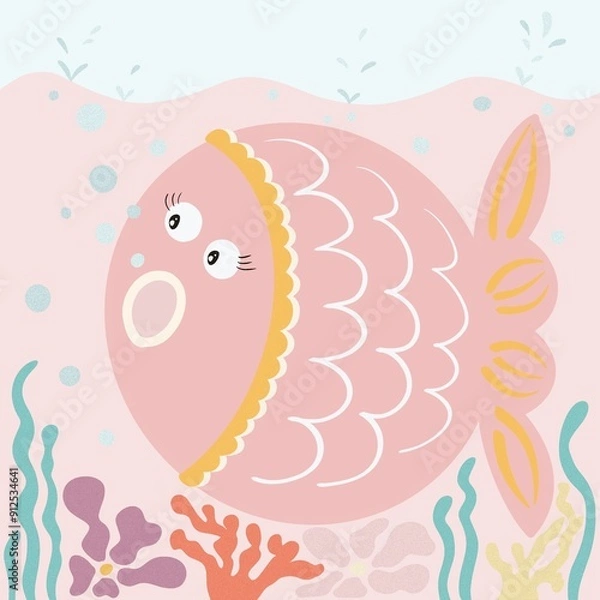 Fototapeta A cute, cartoon-style pink fish with big eyes and a decorative fin, swimming among colorful coral and seaweed in a light blue underwater scene.