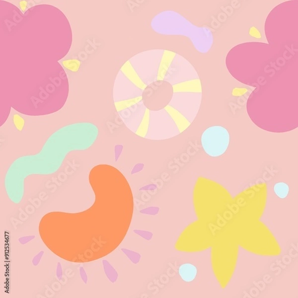 Fototapeta A colorful and playful pattern featuring flowers, abstract shapes, and circular designs in pastel colors. The background is light pink, with pink, yellow, orange, and green elements.