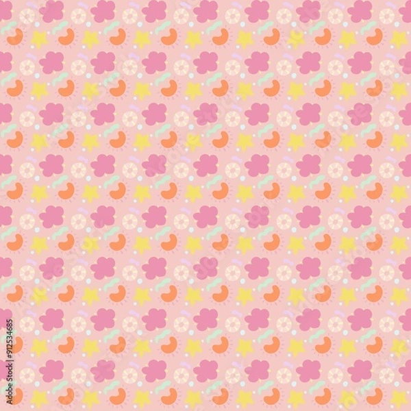 Fototapeta A colorful and playful pattern featuring flowers, abstract shapes, and circular designs in pastel colors. The background is light pink, with pink, yellow, orange, and green elements.
