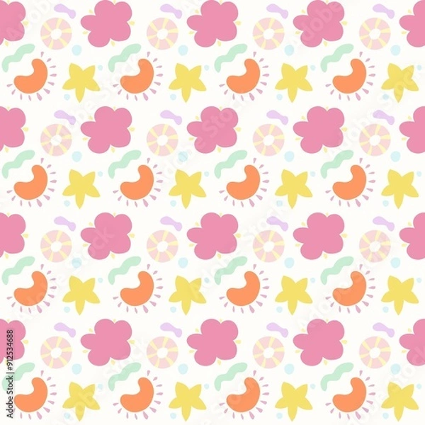 Fototapeta A colorful and playful pattern featuring flowers, abstract shapes, and circular designs in pastel colors. The background is white, with pink, yellow, orange, and green elements.