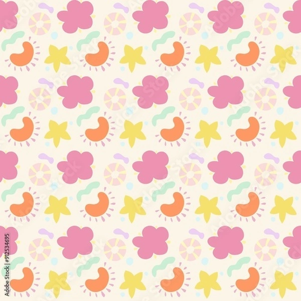 Fototapeta A colorful and playful pattern featuring flowers, abstract shapes, and circular designs in pastel colors. The background is light cream, with pink, yellow, orange, and green elements.