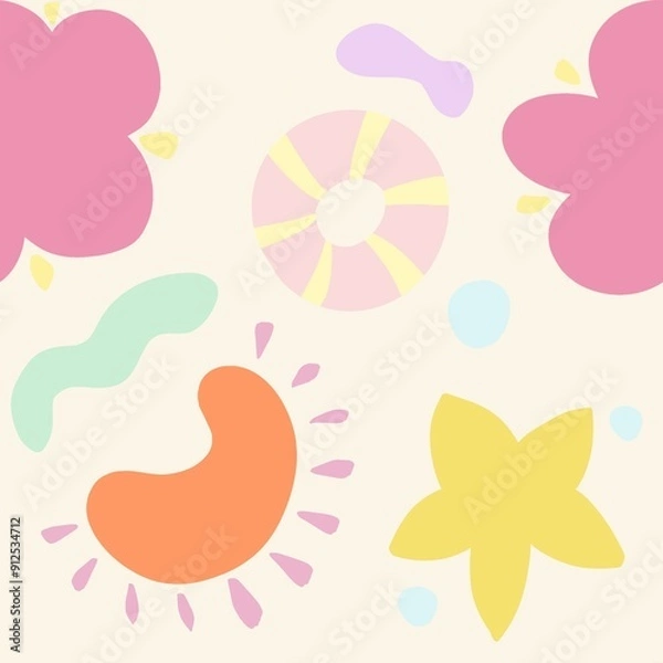Fototapeta A colorful and playful pattern featuring flowers, abstract shapes, and circular designs in pastel colors. The background is light cream, with pink, yellow, orange, and green elements.