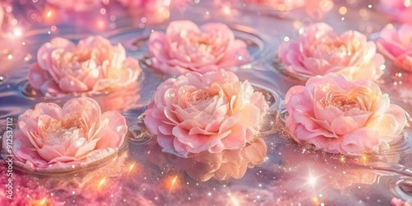 Fototapeta Beautiful pink flowers, peach peonies floating on the water with sparkling bokeh lights. Ideal for romantic, spa and nature designs. Delicate fairytale floral background with shimmer and magic