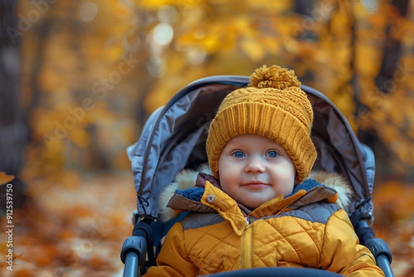 Fototapeta Everyday care promenading with small baby in carriage stroller, city park autumn fall summer time, Generative AI