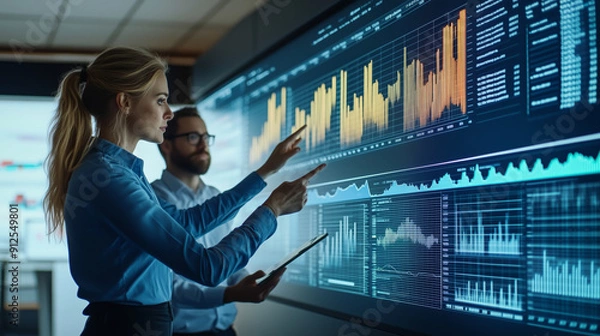 Obraz Business analysts discussing data on an interactive screen in a modern office setting, focused and engaged in analysis