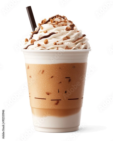 Fototapeta Iced coffee with whipped cream and chocolate drizzle | Refreshing cold beverage with layered presentation | Plastic cup with straw | High-resolution food photography for cafes, menus