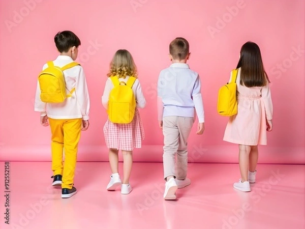 Fototapeta School backpacks and a knapsack. Walk to school along the path. Horizontal, Place for text.