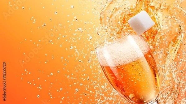 Fototapeta Close-up of a glass of orange juice with a sugar cube falling into it, creating a splash and bubbles.