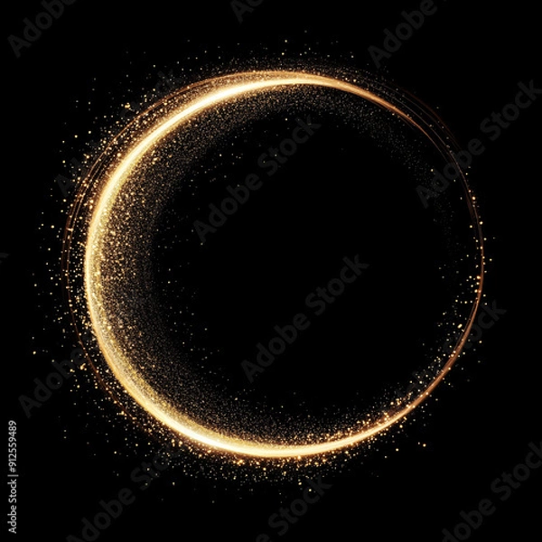 Fototapeta Gold glitter circle of light shine sparkles and golden spark particles in circle frame on black background. Christmas magic stars glow, firework confetti of glittery ring shimmer