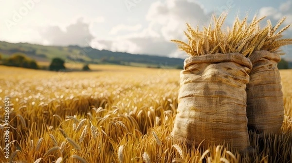 Fototapeta Some sacks filled with wheat on a wheat field, beginning of autumn, Field, good harvest