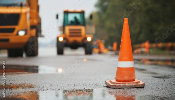 Fototapeta Orange traffic road cone on wet asphalt with blurred heavy machinery. Active construction site.