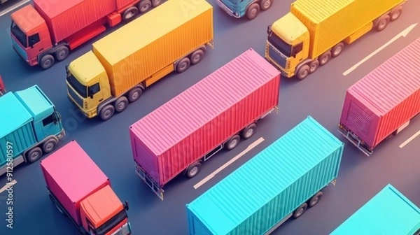 Fototapeta Cargo transport in import-export logistics flat design top view navigation theme 3D render colored pastel