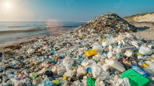 Fototapeta A beach with large piles of washed-up plastic debris and other waste