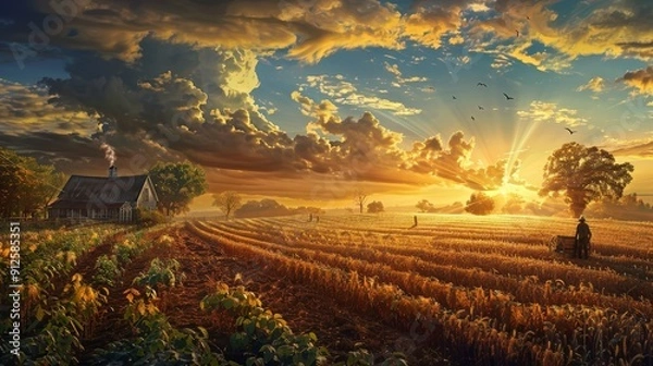 Fototapeta Farmers till their fields in anticipation of a bountiful harvest, harnessing the energy of spring to sow seeds of prosperity