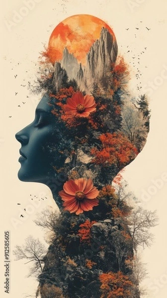 Fototapeta Surreal double exposure artwork of a woman's profile merging with nature, featuring vibrant flowers and a mountainous landscape.
