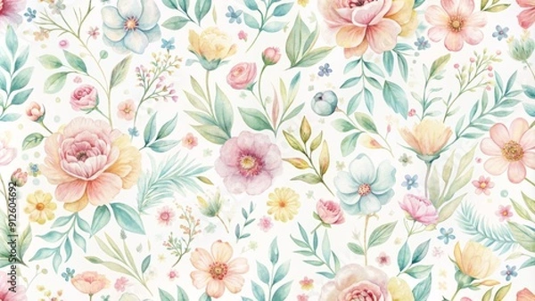 Fototapeta Delicate watercolor flowers in soft pastel hues against a clean white background create a charming, repeating pattern perfect for fabrics, home decor, and gift wrapping.