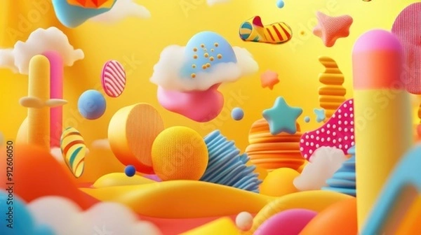 Fototapeta Playful 3D yellow background with whimsical shapes and bright colors, perfect for fun and cheerful visuals.