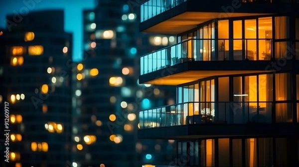 Fototapeta Modern apartment building at deep night, illuminated balconies, floor-to-ceiling windows, city lights bokeh background, urban skyline, dark sky, twinkling lights.