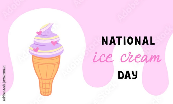 Obraz Happy National Ice Cream Day card. Ice cream in waffle cone with hearts. Vector Illustration for backgrounds and packaging. Image can be used for posters and stickers. Isolated on white background.
