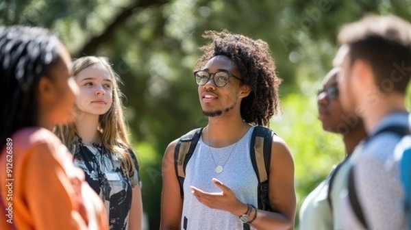 Fototapeta Exploring Campus Diversity: Students Enjoying a Tour led by Knowledgeable Ambassador