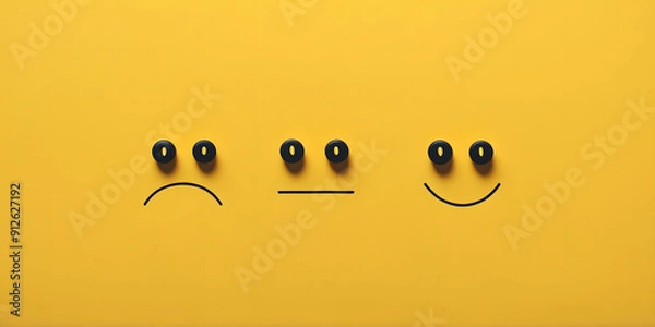 Fototapeta Three emoticons - sad, neutral, and happy - are depicted using black circles for eyes and a simple curved line for the mouth on a bright yellow background.