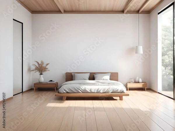 Obraz Bedroom japanese minimal style. Modern white wall and wooden floor, room minimalist. 3D rendering