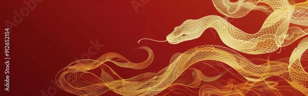 Fototapeta abstract, minimalist silhouettes of snakes in gold on a deep red background, celebrating the Chinese New Year of the snake with elegance and simplicity.