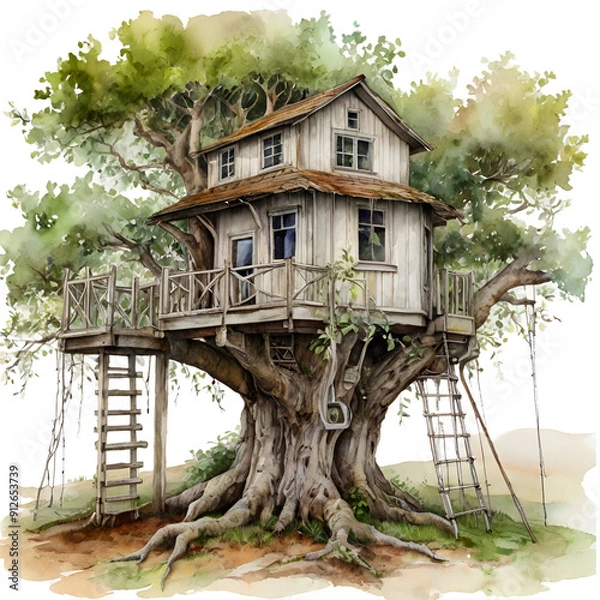 Obraz  A treehouse watercolor drawing white background. generated by AI