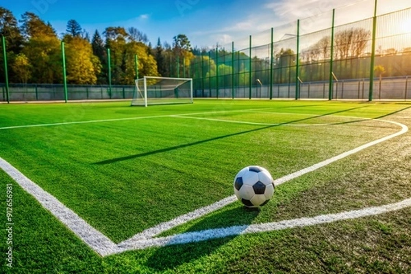 Fototapeta A empty outdoor soccer court with fresh green grass and white markings awaits action, with a single abandoned soccer ball lying on the ground.