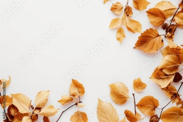 Obraz Thanksgiving and Autumn decoration concept made from autumn leaves on white background with copy space, top view.