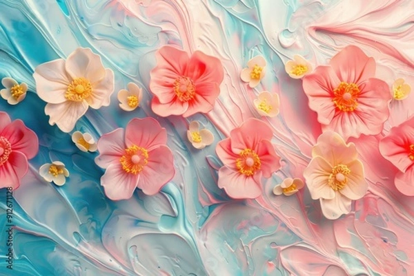 Fototapeta Pink and White Flowers on Blue and Pink Swirled Background