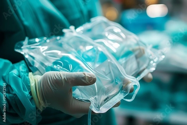Fototapeta Close up of doctor's hands holding intravenous drip bags containing saline solution in operating room