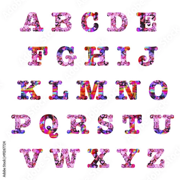 Fototapeta Hearts capital upper case letters alphabet for Valentines Day spring design elements 