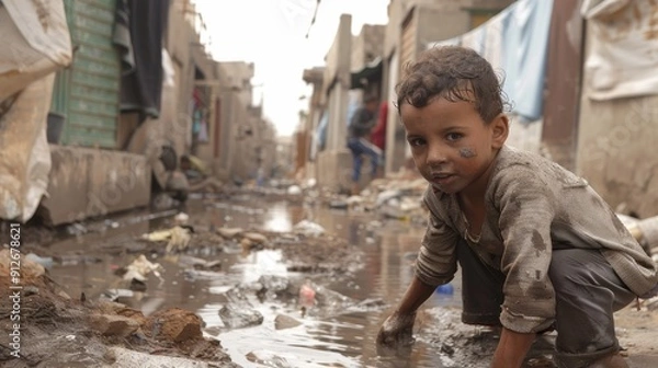 Fototapeta A young child is playing in muddy water amidst debris in an urban slum